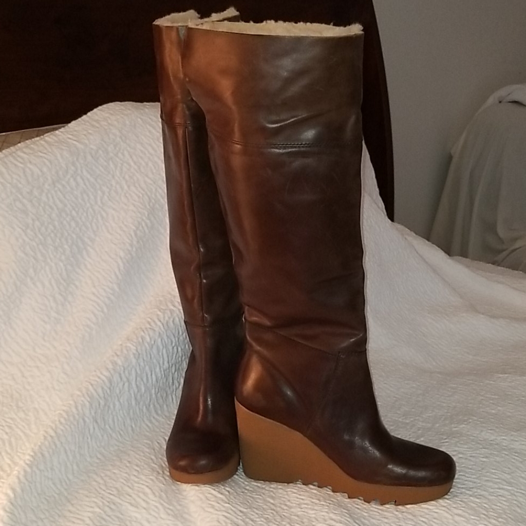 Michael Kors Brown Leather Wedge Boots New
